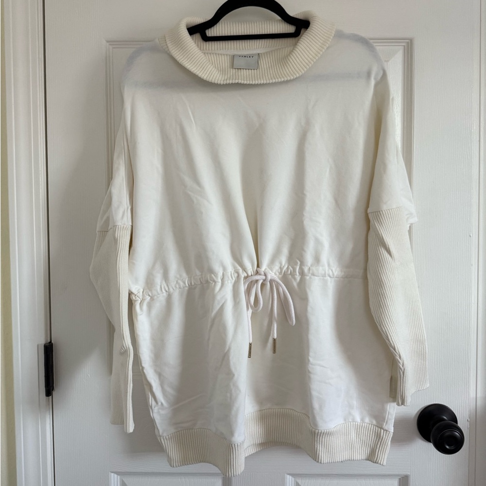 Varley Adeline in Ivory/Cream Ribbed Knit Funnel Mock Neck Drawstring Sweatshirt